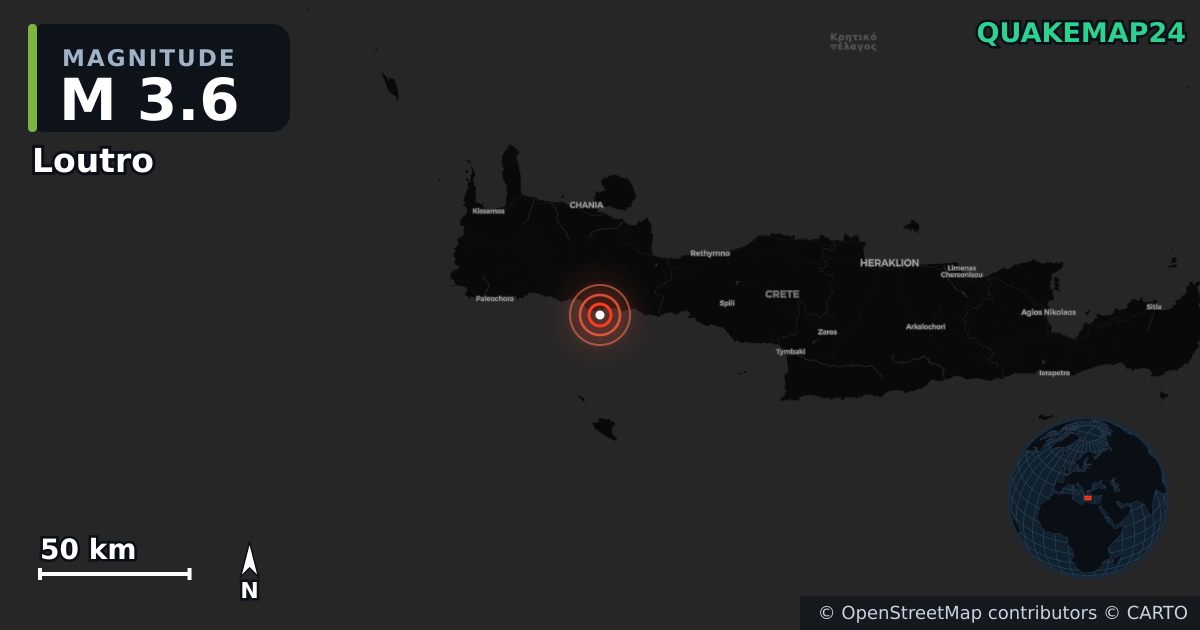M3.6 earthquake near Loutro on Jul 1, 2026 — map of epicenter and shaking intensity | QuakeMap24