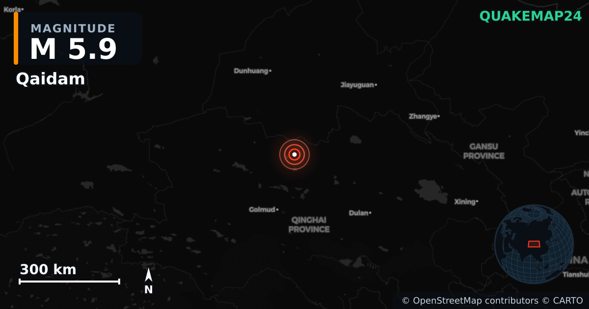 M5.9 earthquake near Qaidam on Jun 16, 2026 — map of epicenter and shaking intensity | QuakeMap24