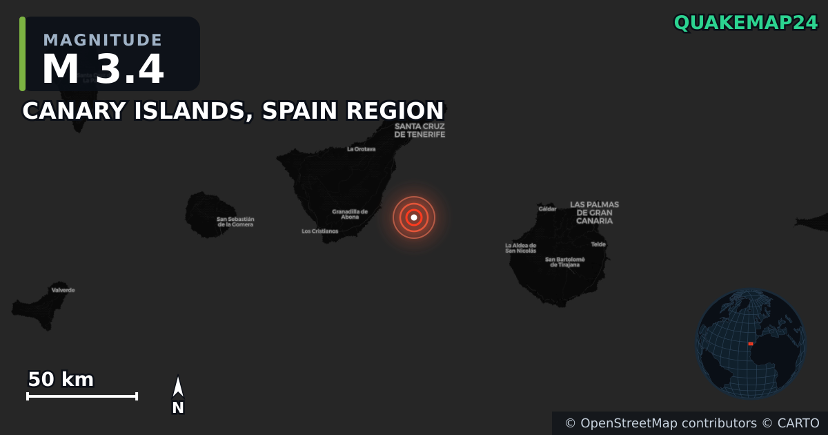M3.4 earthquake near CANARY ISLANDS, SPAIN REGION on Oct 18, 2025 — map of epicenter and shaking intensity | QuakeMap24