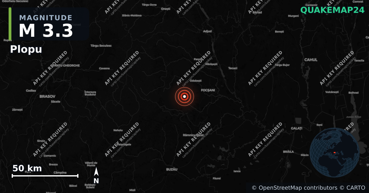 M3.3 earthquake near Plopu on Sep 1, 2026 — map of epicenter and shaking intensity | QuakeMap24