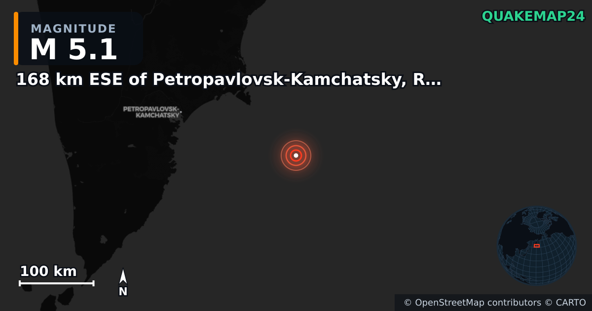 M5.1 earthquake near 168 km ESE of Petropavlovsk-Kamchatsky, Russia on Sep 19, 2025 — map of epicenter and shaking intensity | QuakeMap24