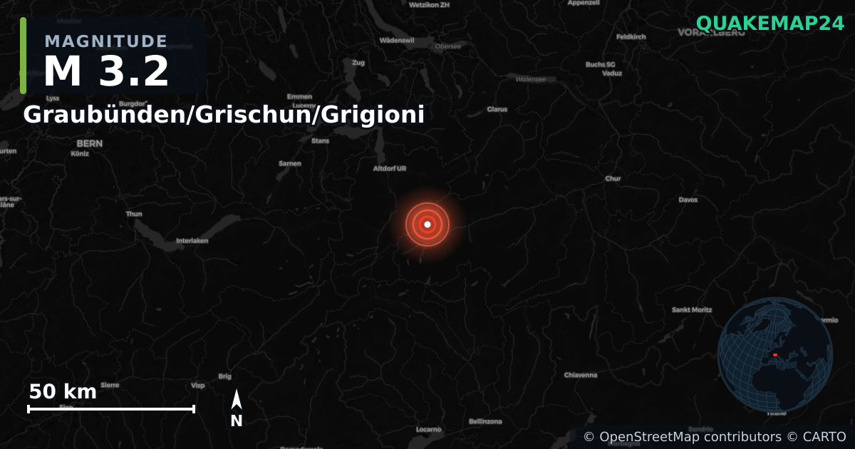 M3.2 earthquake near Graubünden/Grischun/Grigioni on Jun 2, 2025 — map of epicenter and shaking intensity | QuakeMap24