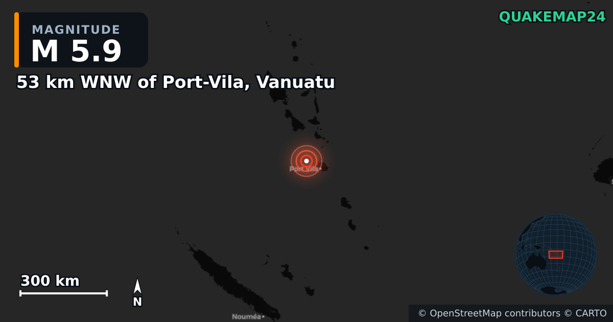 M5.9 earthquake near 53 km WNW of Port-Vila, Vanuatu on Feb 10, 2025 — map of epicenter and shaking intensity | QuakeMap24