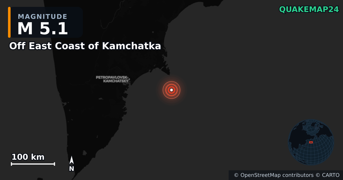 M5.1 earthquake near Off East Coast of Kamchatka on Sep 23, 2025 — map of epicenter and shaking intensity | QuakeMap24