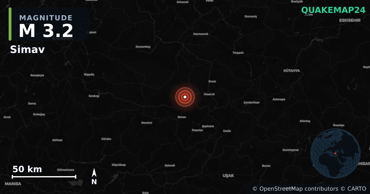 M3.2 earthquake near Simav on Sep 28, 2025 — map of epicenter and shaking intensity | QuakeMap24