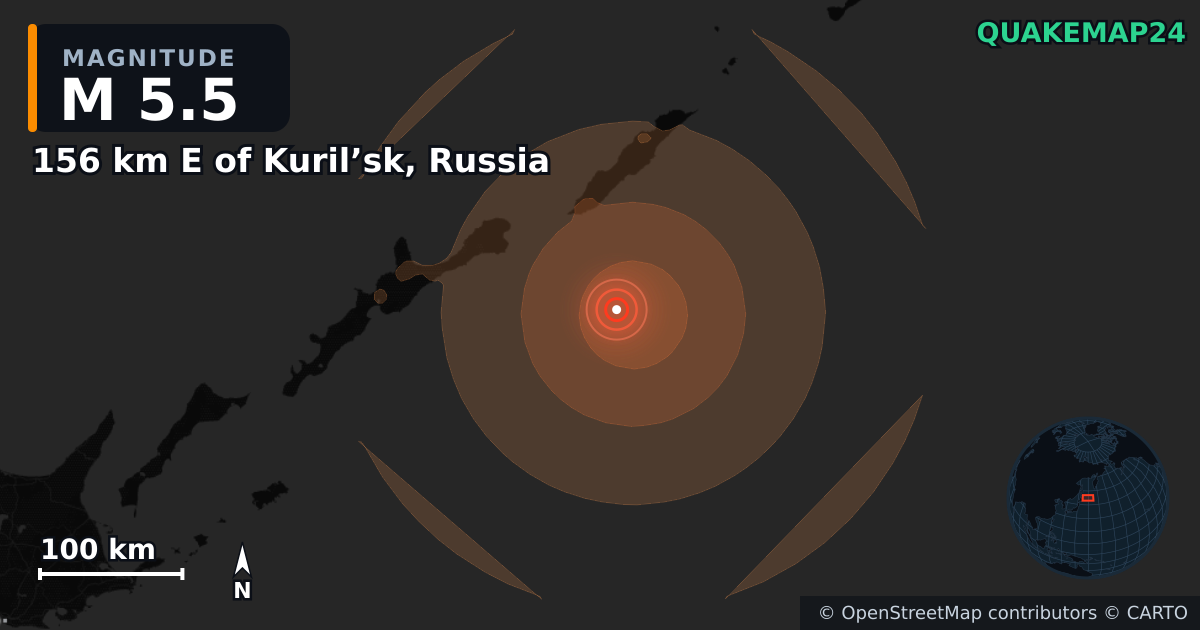 Erdbeben M5,5 bei 156 km E of Kuril’sk, Russia — Karte der Lage des Epizentrums