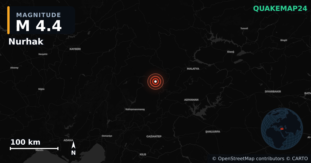 M4.4 earthquake near Nurhak on Feb 26, 2026 — map of epicenter and shaking intensity | QuakeMap24