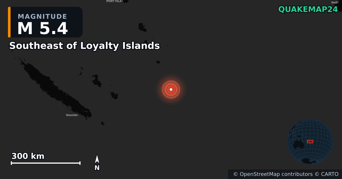 M5.4 earthquake near Southeast of Loyalty Islands on Apr 15, 2026 — map of epicenter and shaking intensity | QuakeMap24