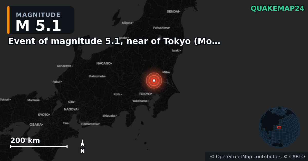 M5.1 earthquake near Event of magnitude 5.1, near of Tokyo (Monde) on Apr 1, 2026 — map of epicenter and shaking intensity | QuakeMap24