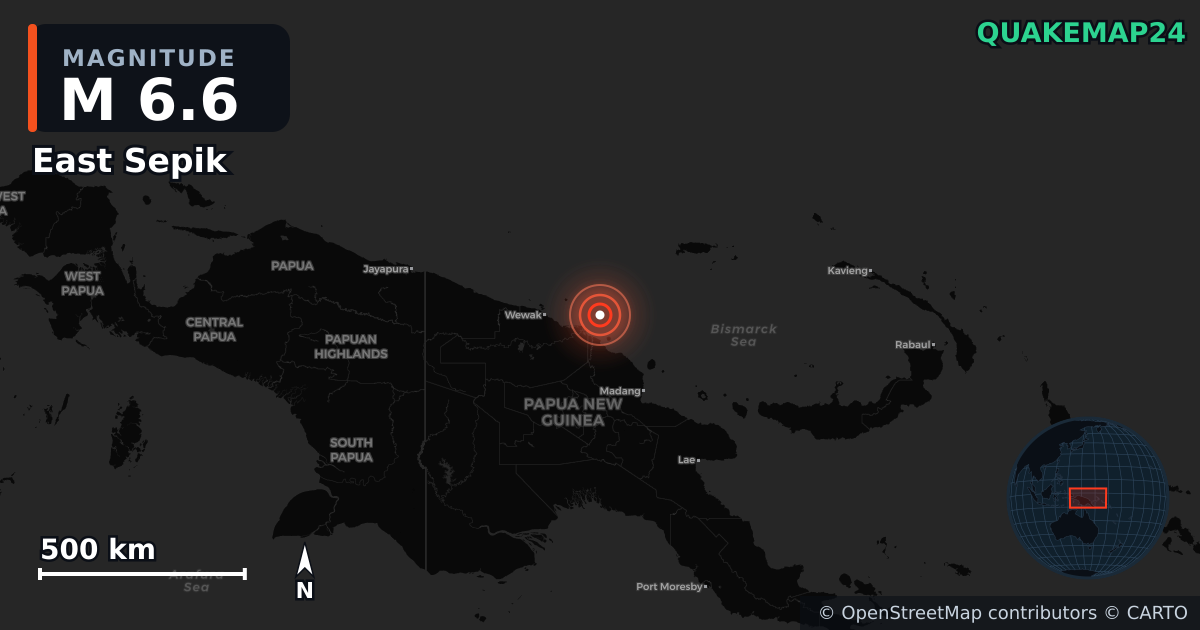 M6.6 earthquake near East Sepik on May 20, 2025 — map of epicenter and shaking intensity | QuakeMap24