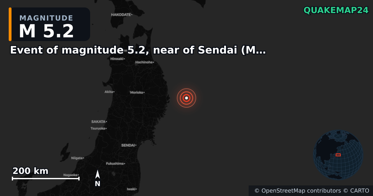 M5.2 earthquake near Event of magnitude 5.2, near of Sendai (Monde) on Nov 9, 2025 — map of epicenter and shaking intensity | QuakeMap24
