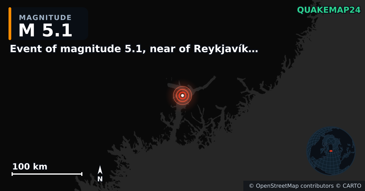 Erdbeben M5,1 bei Event of magnitude 5.1, near of Reykjavík (Monde) (Grönland) · 2025-10-10 — Karte der Lage des Epizentrums