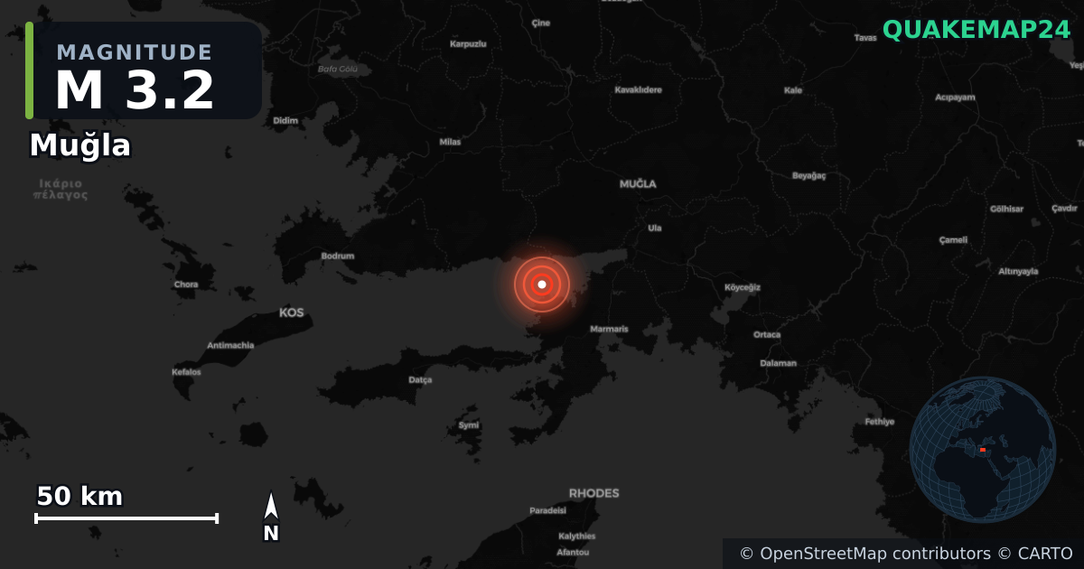 M3.2 earthquake near Muğla on Sep 28, 2025 — map of epicenter and shaking intensity | QuakeMap24