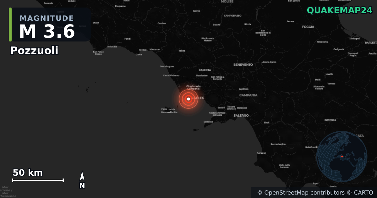 M3.6 earthquake near Pozzuoli on Apr 7, 2026 — map of epicenter and shaking intensity | QuakeMap24