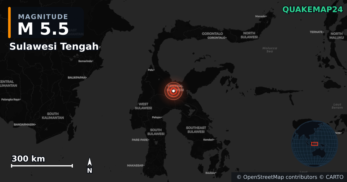 M5.5 earthquake near Sulawesi Tengah on Jul 24, 2025 — map of epicenter and shaking intensity | QuakeMap24