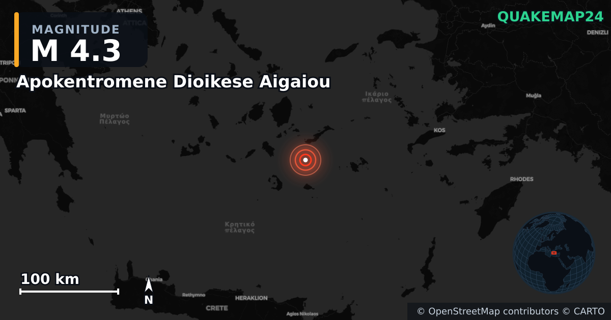 M4.3 earthquake near Apokentromene Dioikese Aigaiou on Sep 15, 2025 — map of epicenter and shaking intensity | QuakeMap24