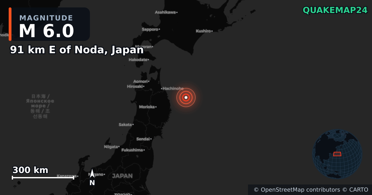 M6.0 earthquake near 91 km E of Noda, Japan on Dec 31, 2025 — map of epicenter and shaking intensity | QuakeMap24