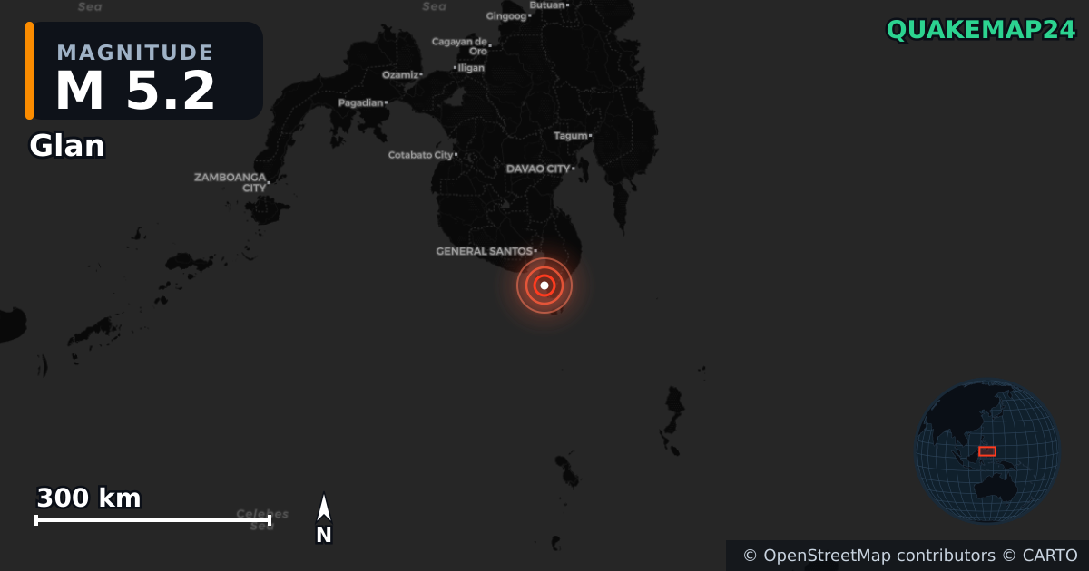 M5.2 earthquake near Glan on Jun 13, 2026 — map of epicenter and shaking intensity | QuakeMap24