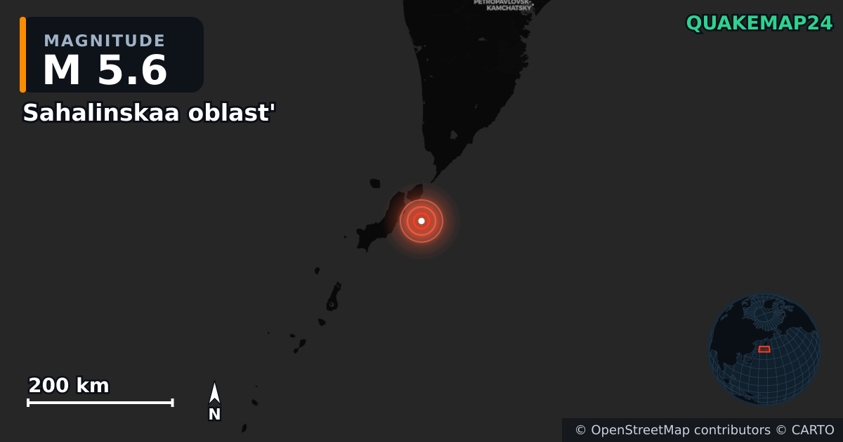 M5.6 earthquake near Sahalinskaa oblast' on Oct 10, 2025 — map of epicenter and shaking intensity | QuakeMap24