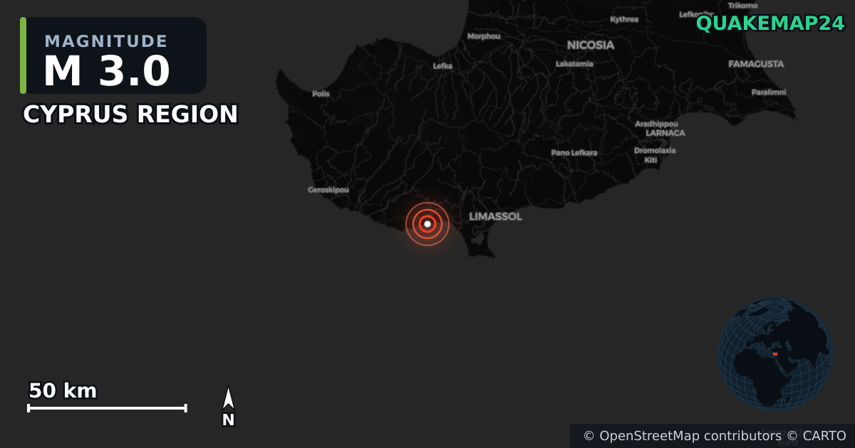 M3.0 earthquake near CYPRUS REGION on Nov 18, 2025 — map of epicenter and shaking intensity | QuakeMap24