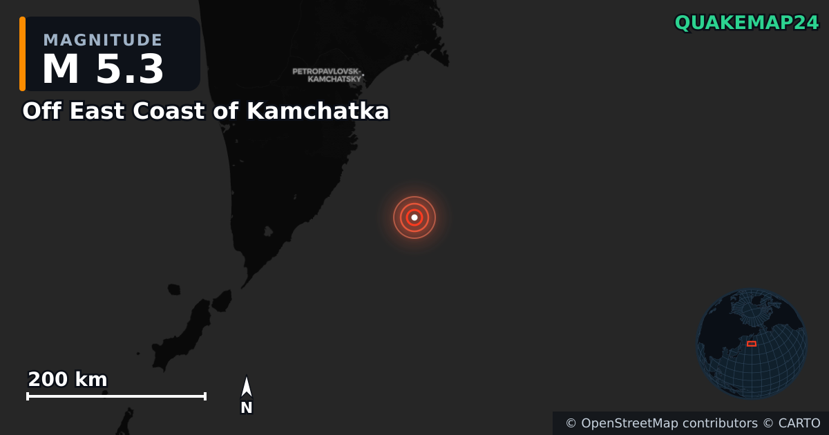 M5.3 earthquake near Off East Coast of Kamchatka on Sep 25, 2025 — map of epicenter and shaking intensity | QuakeMap24