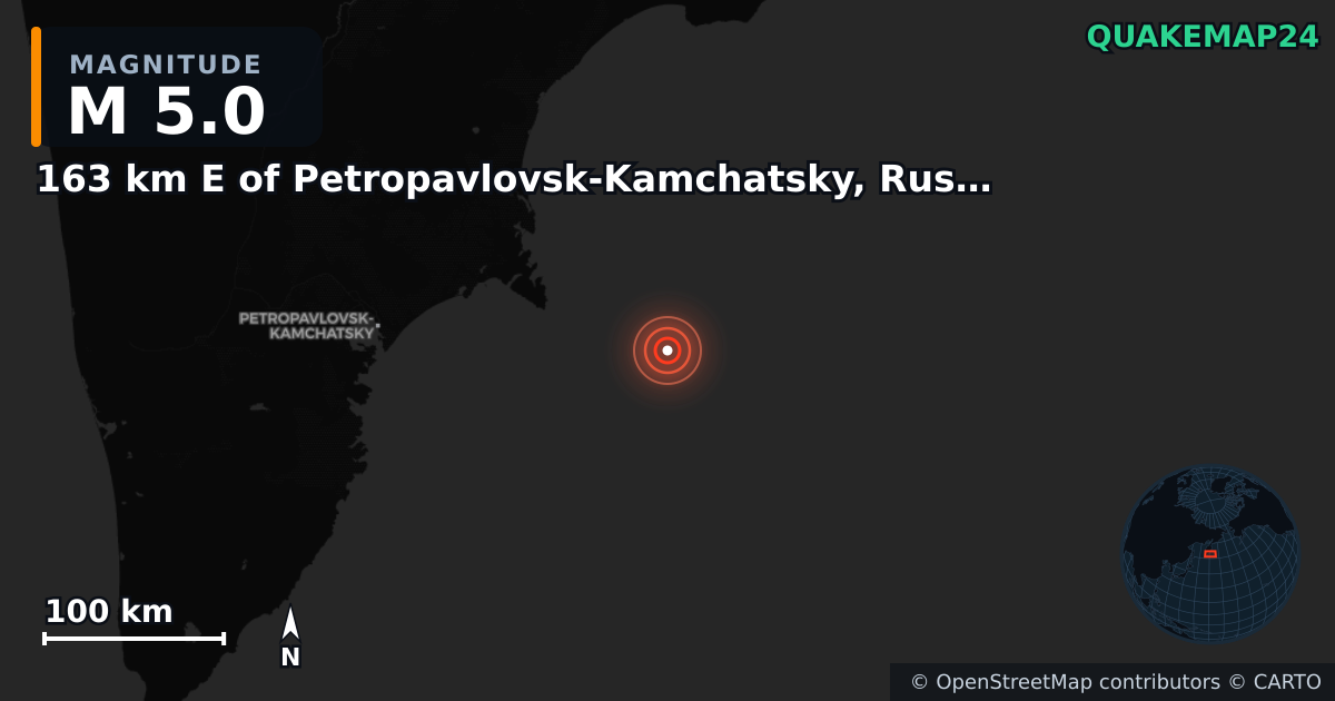 M5.0 earthquake near 163 km E of Petropavlovsk-Kamchatsky, Russia on Jul 31, 2025 — map of epicenter and shaking intensity | QuakeMap24