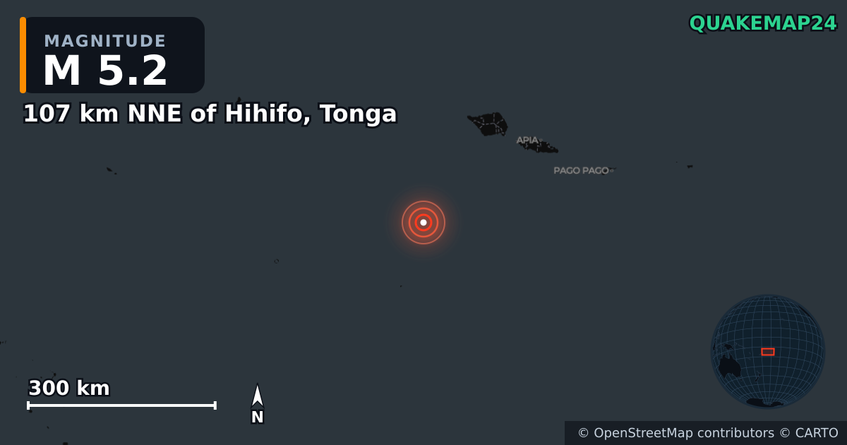 Σεισμός M5,2 κοντά στο 107 km NNE of Hihifo, Tonga · 2026-10-15 — Χάρτης της θέσης του επικέντρου