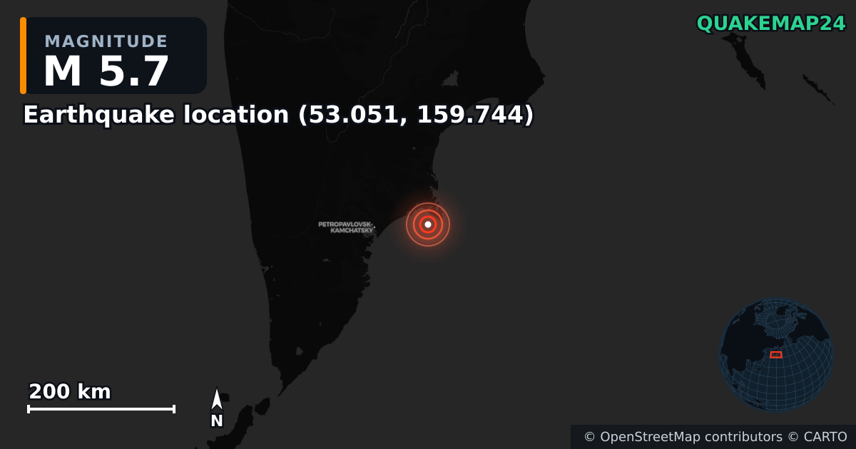 M5.7 earthquake near Deprem konumu (53.051, 159.744) on Sep 20, 2025 — map of epicenter and shaking intensity | QuakeMap24