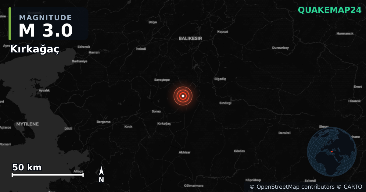 M3.0 earthquake near Kırkağaç on Oct 28, 2025 — map of epicenter and shaking intensity | QuakeMap24