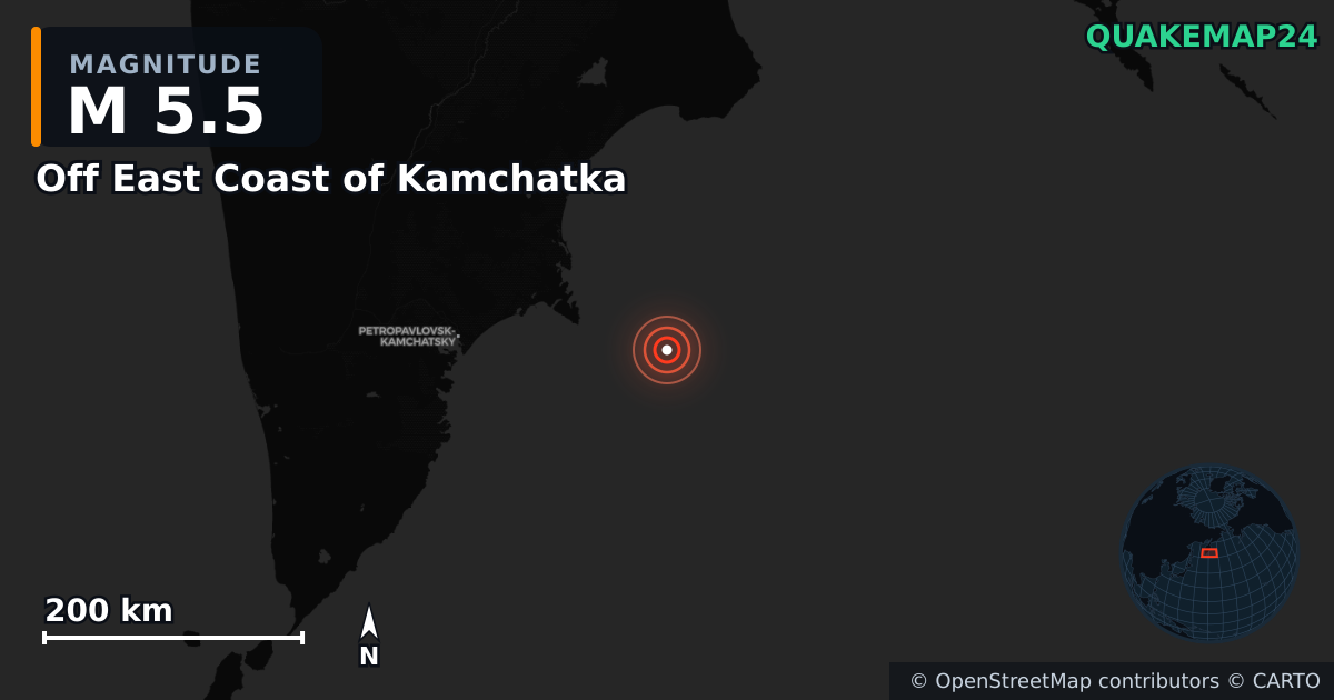 M5.5 earthquake near Off East Coast of Kamchatka on Sep 19, 2025 — map of epicenter and shaking intensity | QuakeMap24