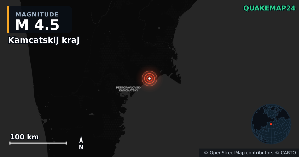 M4.5 earthquake near Kamcatskij kraj on May 12, 2025 — map of epicenter and shaking intensity | QuakeMap24