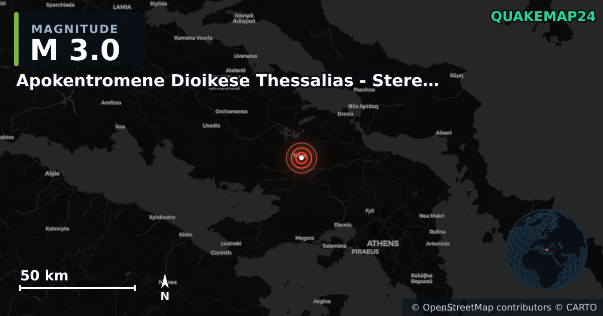 M3.0 earthquake near Apokentromene Dioikese Thessalias - Stereas Ellados on Sep 10, 2025 — map of epicenter and shaking intensity | QuakeMap24