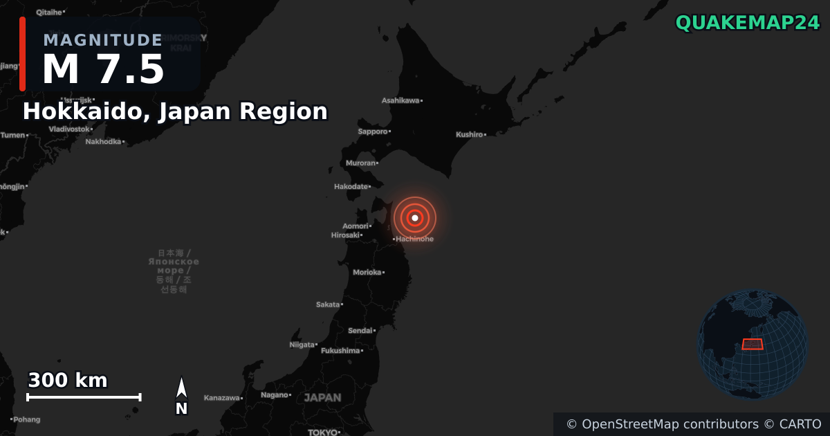 M7.5 earthquake near Hokkaido, Japan Region on Dec 8, 2025 — map of epicenter and shaking intensity | QuakeMap24