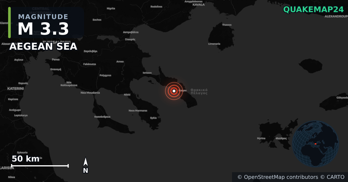 M3.3 earthquake near AEGEAN SEA on Nov 2, 2025 — map of epicenter and shaking intensity | QuakeMap24