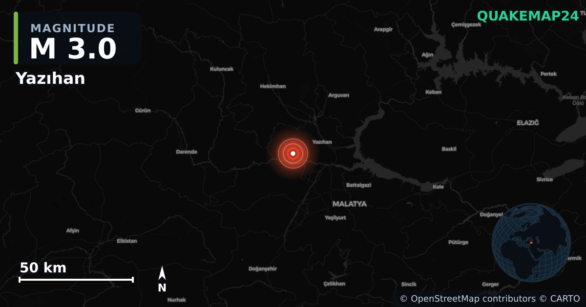 M3.0 earthquake near Yazıhan on Oct 12, 2025 — map of epicenter and shaking intensity | QuakeMap24