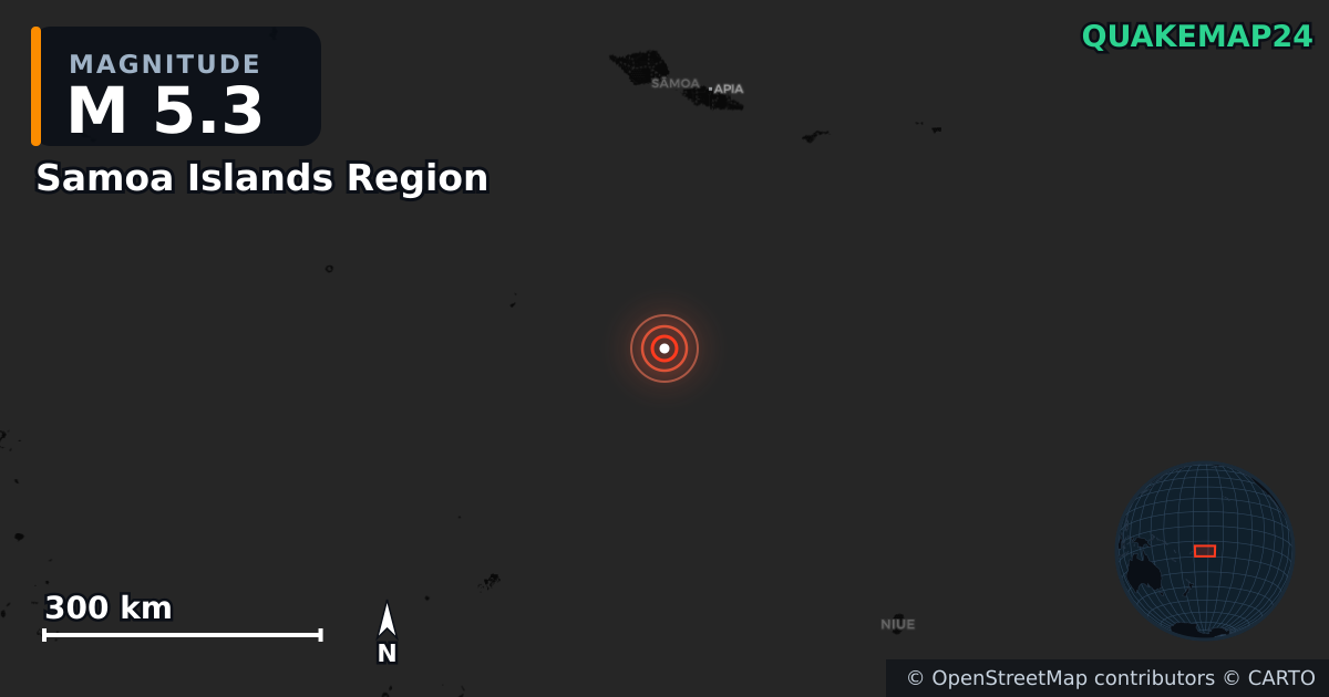 M5.3 earthquake near Samoa Islands Region on Jun 23, 2026 — map of epicenter and shaking intensity | QuakeMap24
