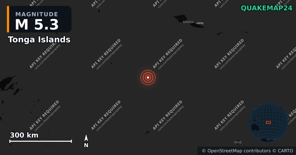 M5.3 earthquake near Tonga Islands on Jan 19, 2026 — map of epicenter and shaking intensity | QuakeMap24
