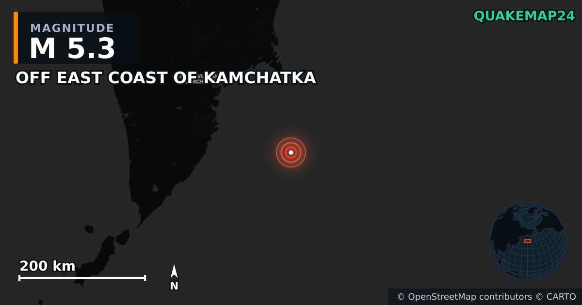 M5.3 earthquake near OFF EAST COAST OF KAMCHATKA on Jul 31, 2025 — map of epicenter and shaking intensity | QuakeMap24