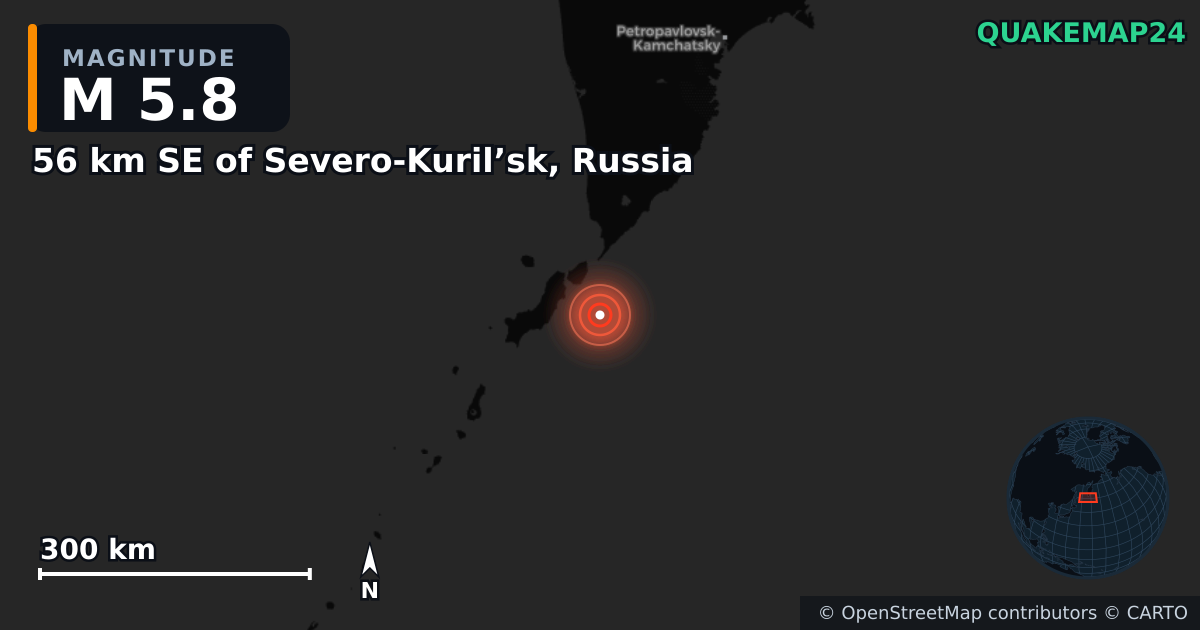 M5.8 earthquake near 56 km SE of Severo-Kuril’sk, Russia on Oct 11, 2025 — map of epicenter and shaking intensity | QuakeMap24