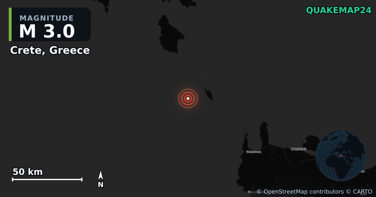 M3.0 earthquake near Crete, Greece on Dec 19, 2025 — map of epicenter and shaking intensity | QuakeMap24