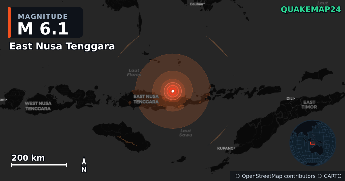 M6.1 earthquake near East Nusa Tenggara on Aug 14, 2026 — map of epicenter and shaking intensity | QuakeMap24