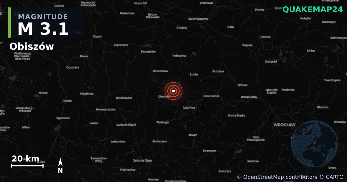 M3.1 earthquake near Obiszów on Feb 27, 2025 — map of epicenter and shaking intensity | QuakeMap24