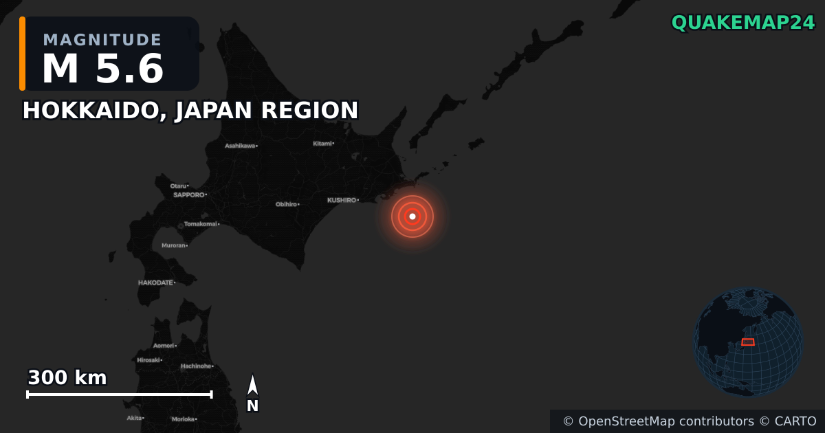 M5.6 earthquake near HOKKAIDO, JAPAN REGION on Jan 14, 2026 — map of epicenter and shaking intensity | QuakeMap24