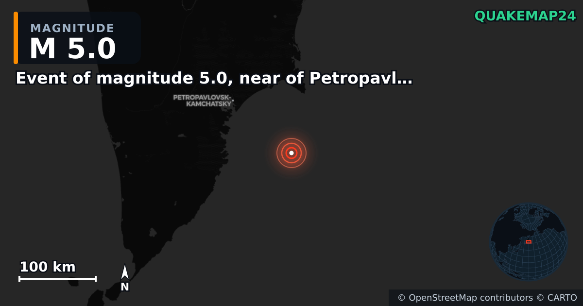 M5.0 earthquake near Event of magnitude 5.0, near of Petropavlovsk Kamchatskiy (Monde) on Nov 4, 2025 — map of epicenter and shaking intensity | QuakeMap24