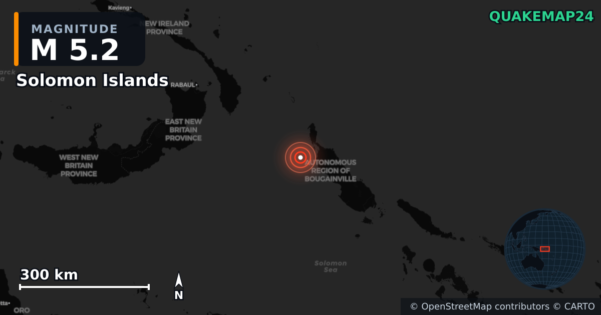 M5.2 earthquake near Solomon Islands on Aug 24, 2025 — map of epicenter and shaking intensity | QuakeMap24
