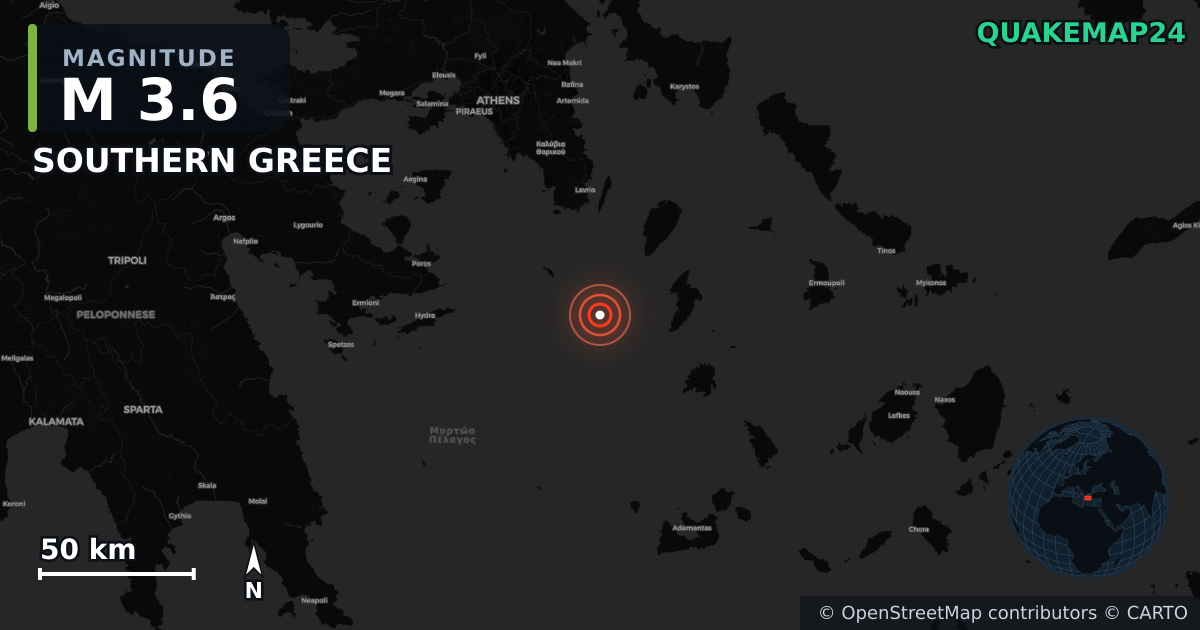 M3.6 earthquake near SOUTHERN GREECE on Aug 10, 2025 — map of epicenter and shaking intensity | QuakeMap24
