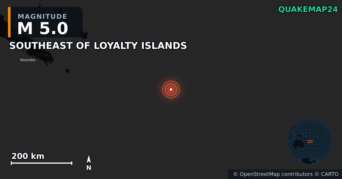 Erdbeben M5,0 bei SOUTHEAST OF LOYALTY ISLANDS — Karte der Lage des Epizentrums