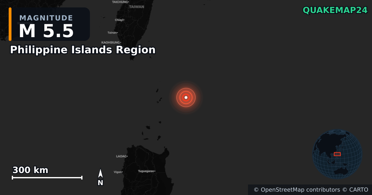 Erdbeben M5,5 bei Philippine Islands Region — Karte der Lage des Epizentrums