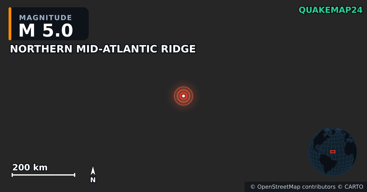 Erdbeben M5,0 bei NORTHERN MID-ATLANTIC RIDGE — Karte der Lage des Epizentrums