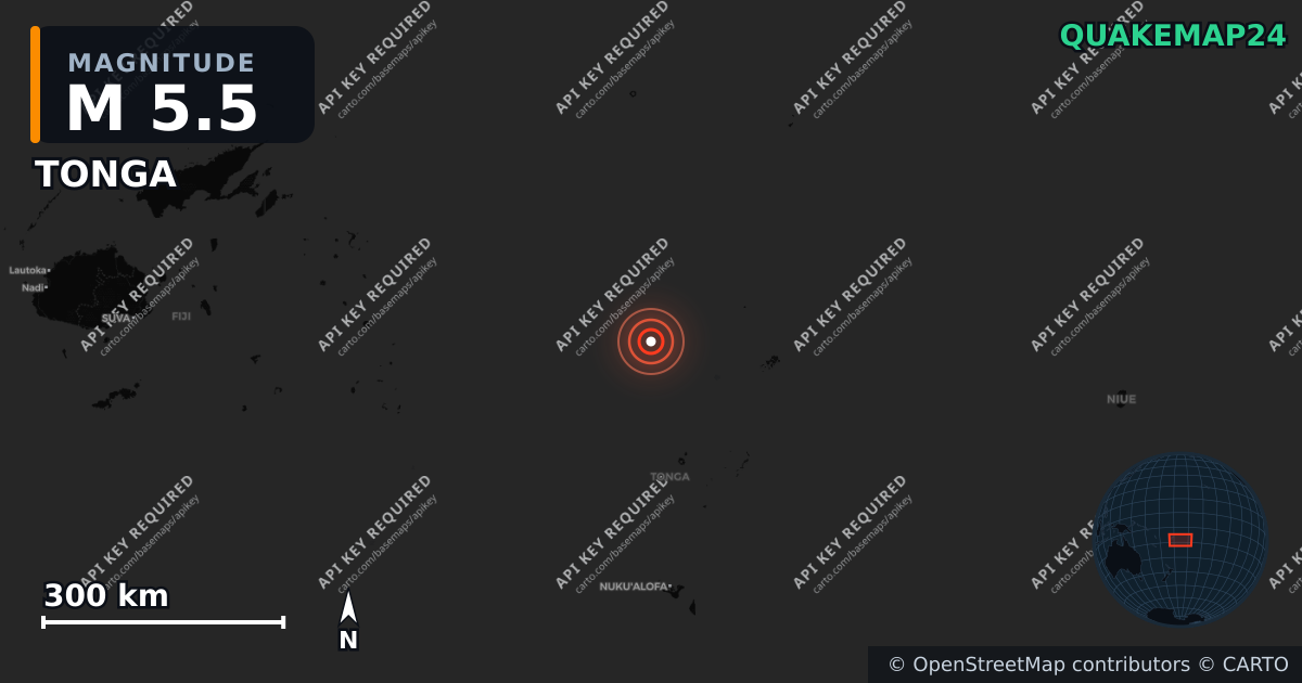 M5.5 earthquake near TONGA on Apr 13, 2026 — map of epicenter and shaking intensity | QuakeMap24